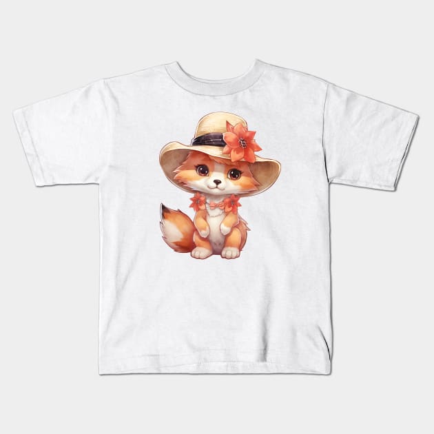 Red Fox in Straw Hat Kids T-Shirt by Chromatic Fusion Studio